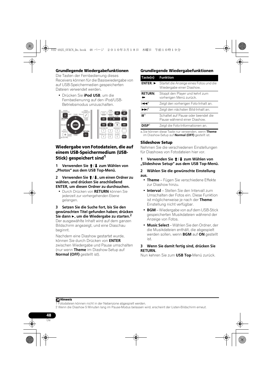 Grundlegende wiedergabefunktionen, Slideshow setup, 2 wählen sie die gewünschte einstellung aus | 3 wenn sie damit fertig sind, drücken sie return, Grundlegende wiedergabefunktionen slideshow setup | Pioneer VSX-1020-K User Manual | Page 180 / 532