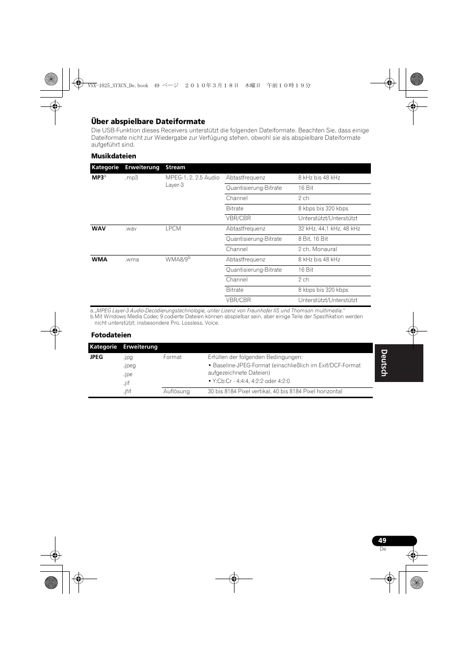 Über abspielbare dateiformate, Musikdateien, Fotodateien | Pioneer VSX-1020-K User Manual | Page 181 / 532
