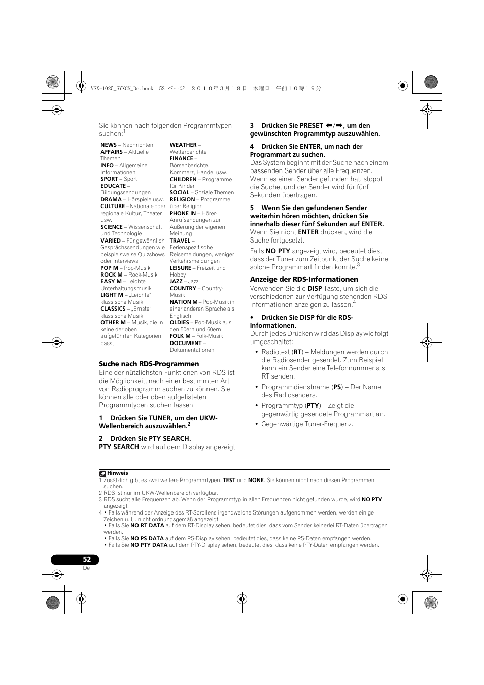 Suche nach rds-programmen, 2 drücken sie pty search, Anzeige der rds-informationen | Drücken sie disp für die rds- informationen | Pioneer VSX-1020-K User Manual | Page 184 / 532
