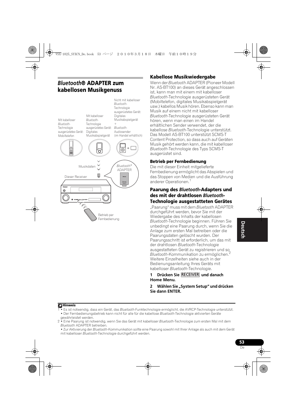 Bluetooth® adapter zum kabellosen musikgenuss, Kabellose musikwiedergabe, Betrieb per fernbedienung | 1 drücken sie und danach home menu, Bluetooth, Adapter zum kabellosen, Musikgenuss, Bluetooth ® adapter zum kabellosen musikgenuss | Pioneer VSX-1020-K User Manual | Page 185 / 532