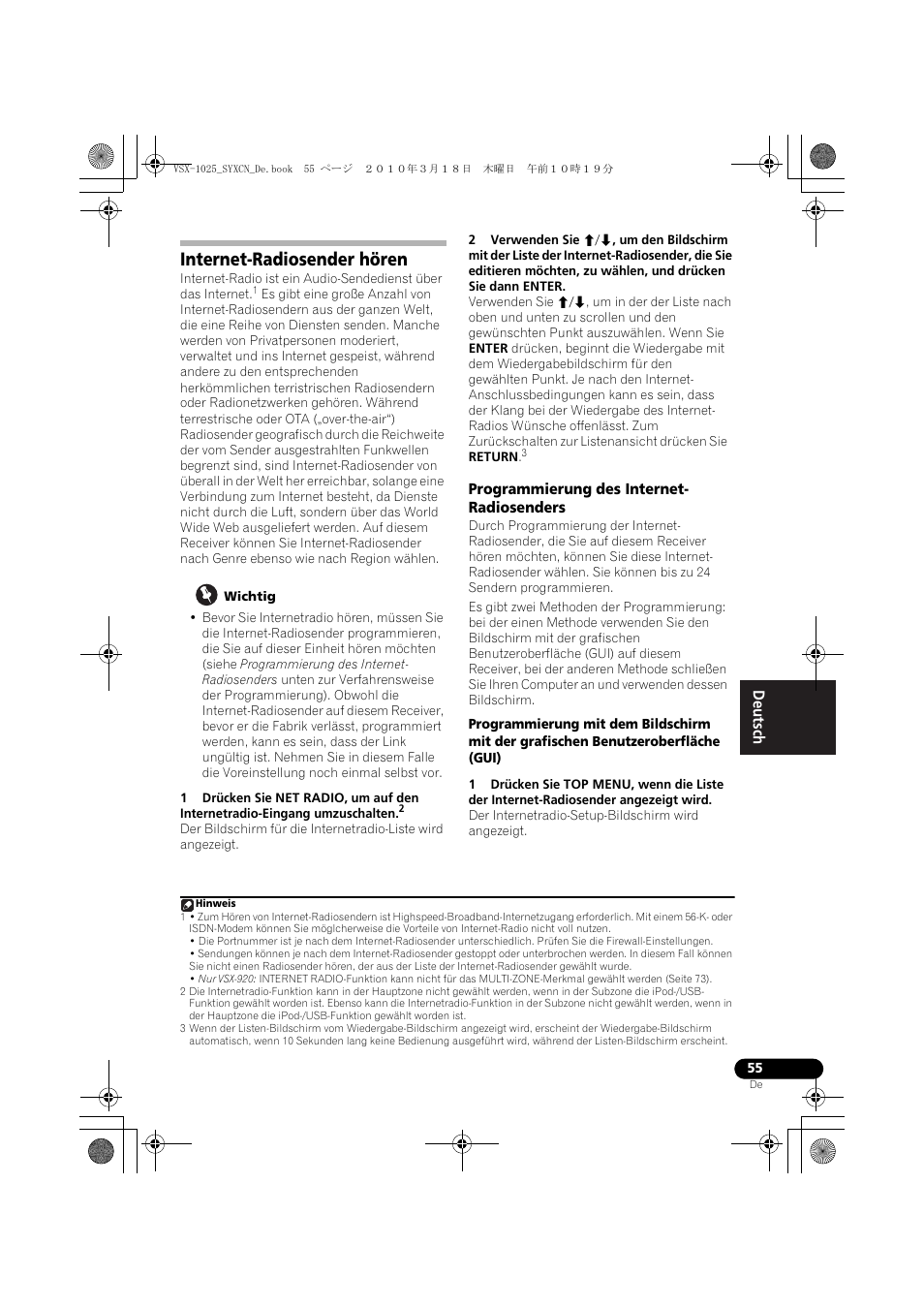 Internet-radiosender hören, Wichtig, Programmierung des internet- radiosenders | Programmierung des internet-radiosenders | Pioneer VSX-1020-K User Manual | Page 187 / 532