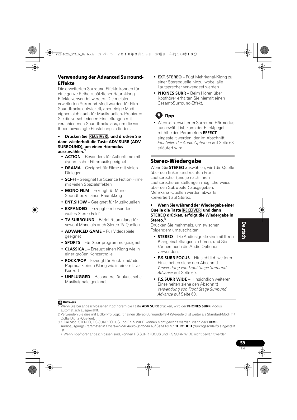 Verwendung der advanced surround- effekte, Tipp, Stereo-wiedergabe | Verwendung der advanced surround-effekte | Pioneer VSX-1020-K User Manual | Page 191 / 532