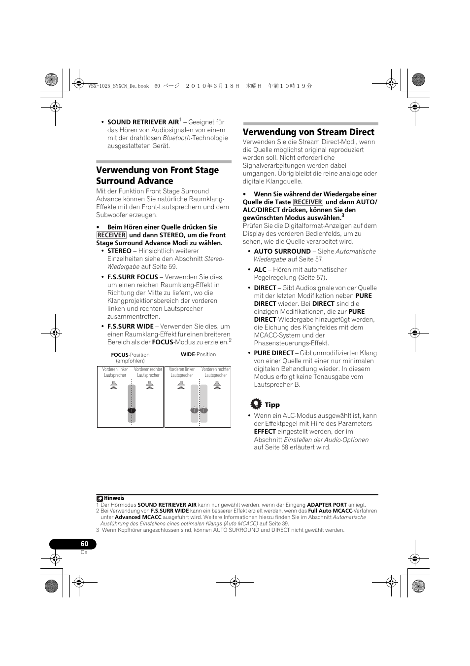 Verwendung von front stage surround advance, Focus-position (empfohlen), Verwendung von stream direct | Tipp | Pioneer VSX-1020-K User Manual | Page 192 / 532