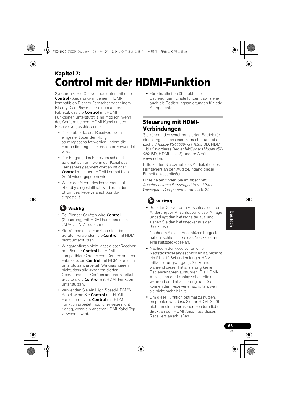 Control mit der hdmi-funktion, Wichtig, Steuerung mit hdmi- verbindungen | 07 control mit der hdmi-funktion, Steuerung mit hdmi-verbindungen, Kapitel 7 | Pioneer VSX-1020-K User Manual | Page 195 / 532