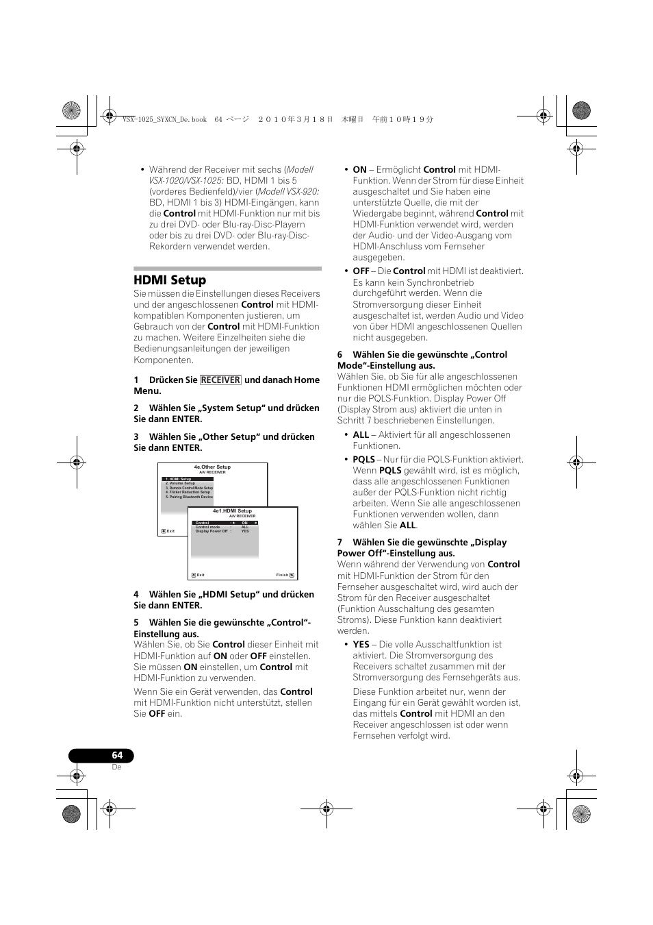 Hdmi setup, 1 drücken sie und danach home menu | Pioneer VSX-1020-K User Manual | Page 196 / 532