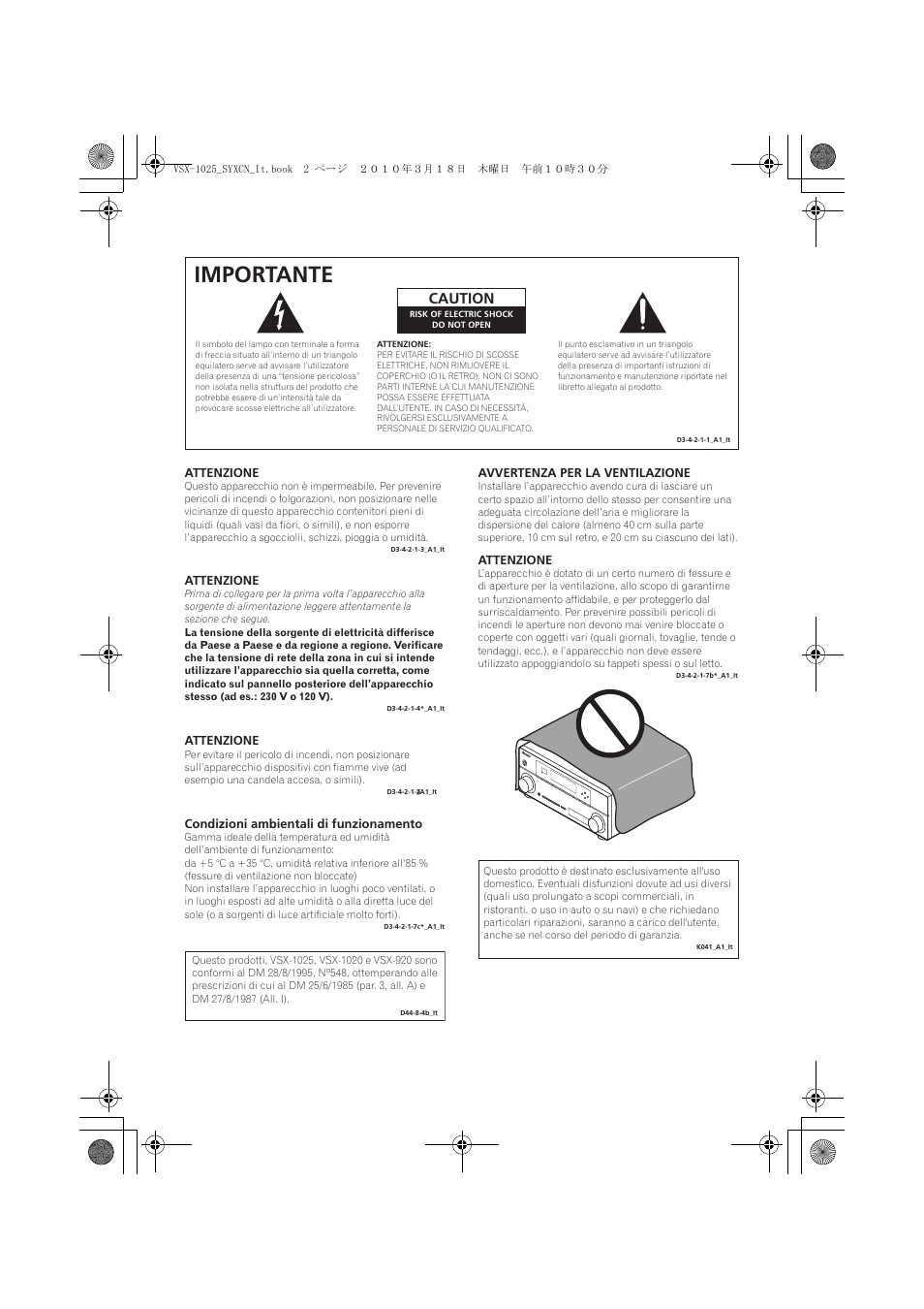 Importante, Caution | Pioneer VSX-1020-K User Manual | Page 2 / 532