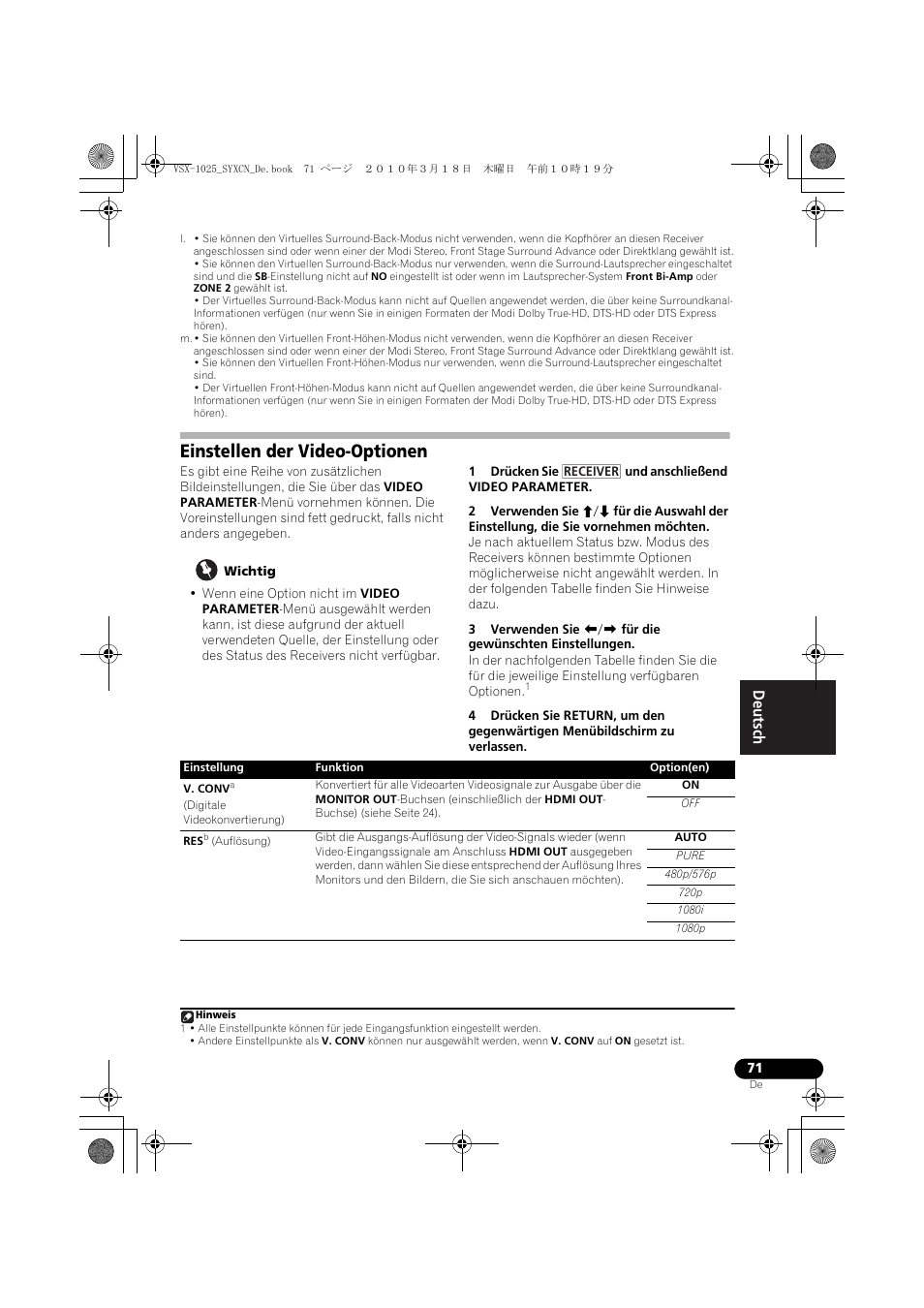 Einstellen der video-optionen, Wichtig, 1 drücken sie und anschließend video parameter | Auto, Pure, 480p/576p, 720p, 1080i, 1080p | Pioneer VSX-1020-K User Manual | Page 203 / 532