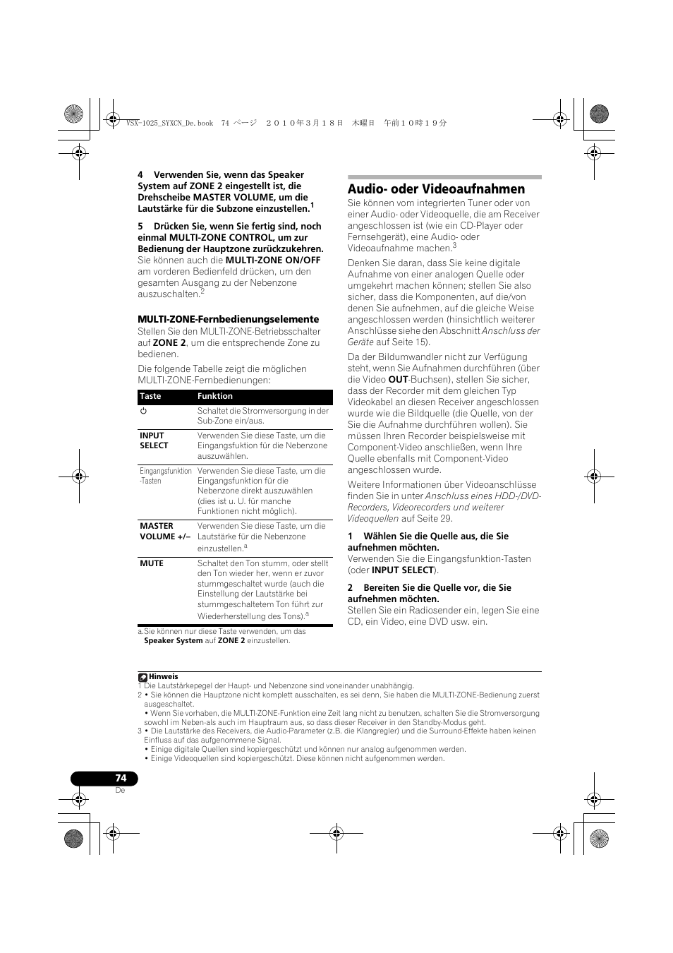 Multi-zone-fernbedienungselemente, Audio- oder videoaufnahmen | Pioneer VSX-1020-K User Manual | Page 206 / 532