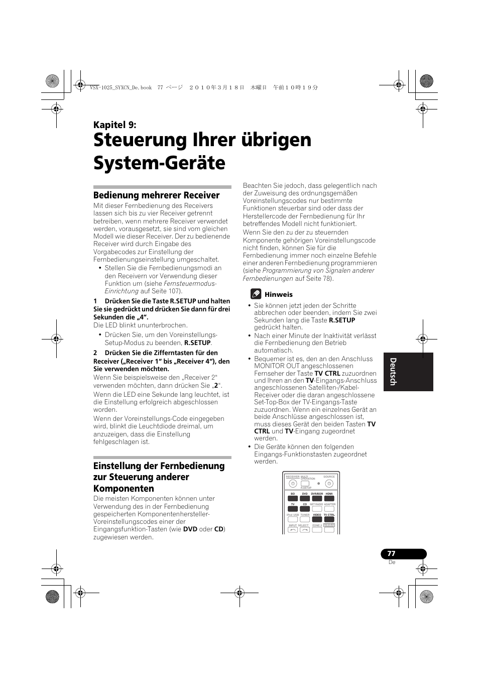 Steuerung ihrer übrigen system-geräte, Bedienung mehrerer receiver, Hinweis | 09 steuerung ihrer übrigen system- geräte, Kapitel 9 | Pioneer VSX-1020-K User Manual | Page 209 / 532