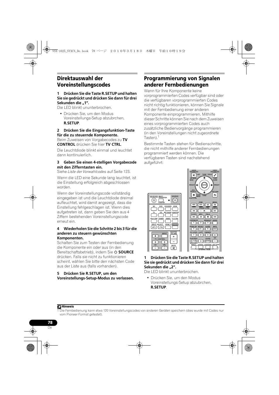 Direktauswahl der voreinstellungscodes | Pioneer VSX-1020-K User Manual | Page 210 / 532