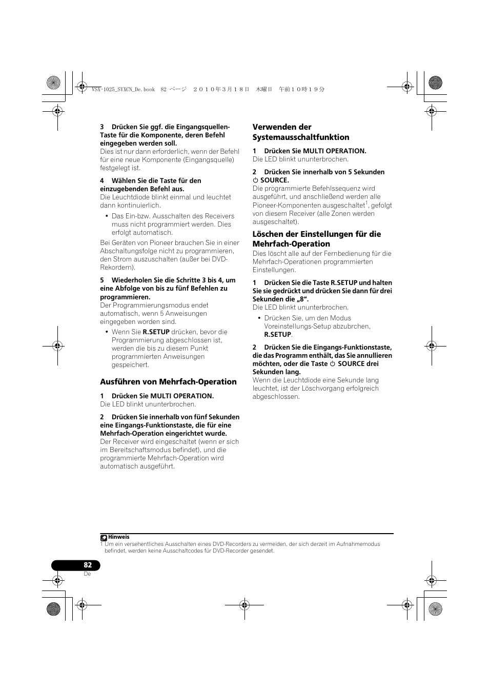 Ausführen von mehrfach-operation, 1 drücken sie multi operation, Verwenden der systemausschaltfunktion | 2 drücken sie innerhalb von 5 sekunden u source | Pioneer VSX-1020-K User Manual | Page 214 / 532
