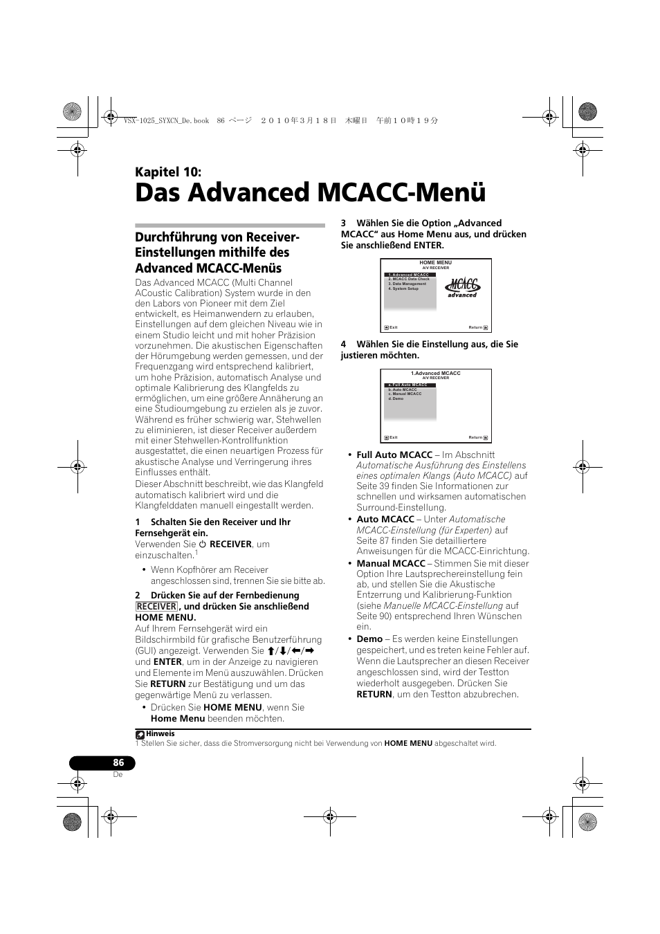 Das advanced mcacc-menü, 10 das advanced mcacc-menü, Kapitel 10 | Pioneer VSX-1020-K User Manual | Page 218 / 532