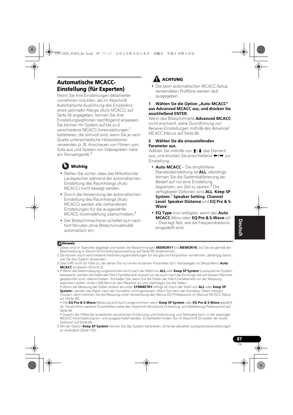 Automatische mcacc- einstellung (für experten), Wichtig, Achtung | 2 wählen sie die einzustellenden parameter aus, Automatische mcacc-einstellung (für experten) | Pioneer VSX-1020-K User Manual | Page 219 / 532