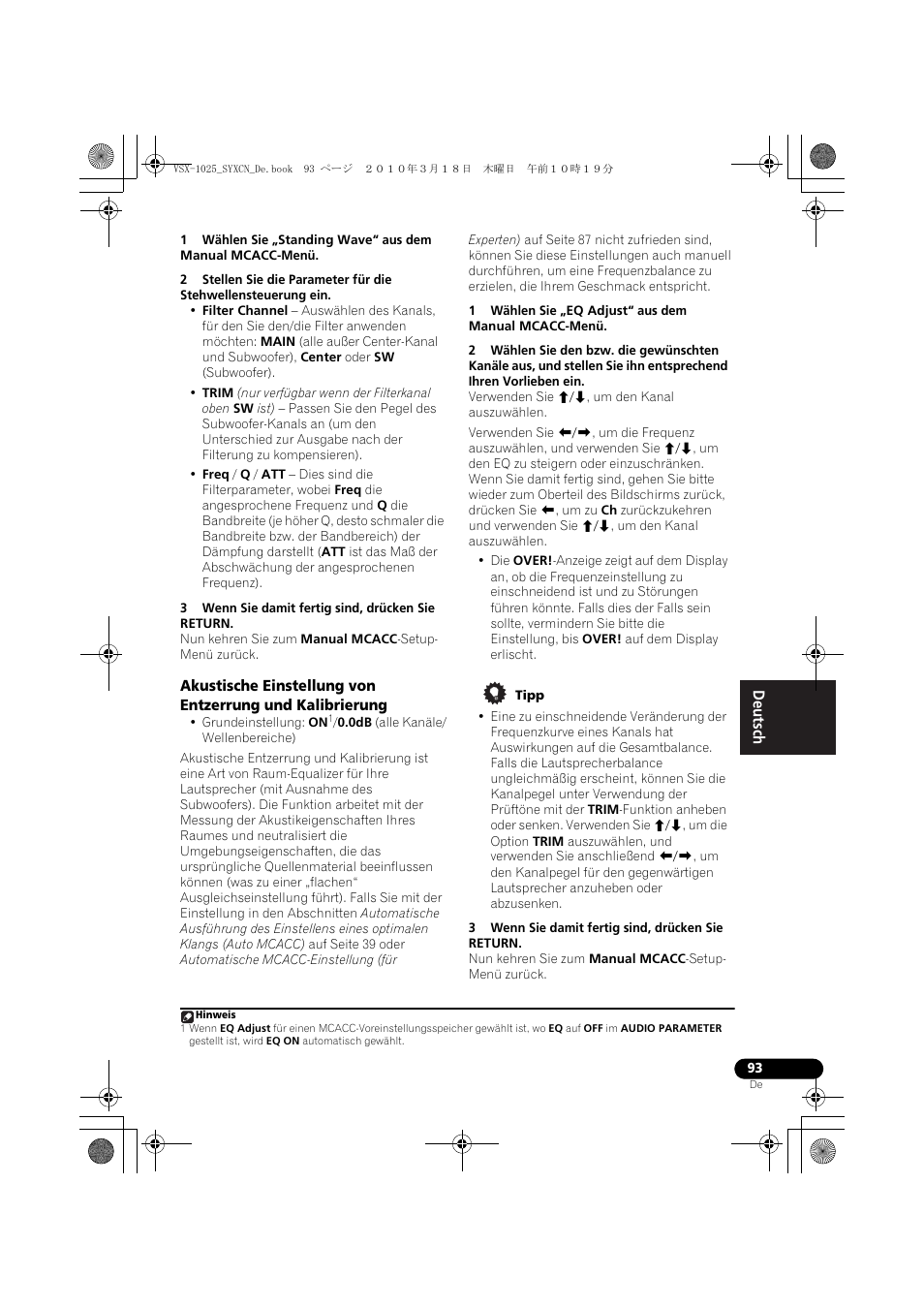3 wenn sie damit fertig sind, drücken sie return, 1 wählen sie „eq adjust“ aus dem manual mcacc-menü, Tipp | Pioneer VSX-1020-K User Manual | Page 225 / 532