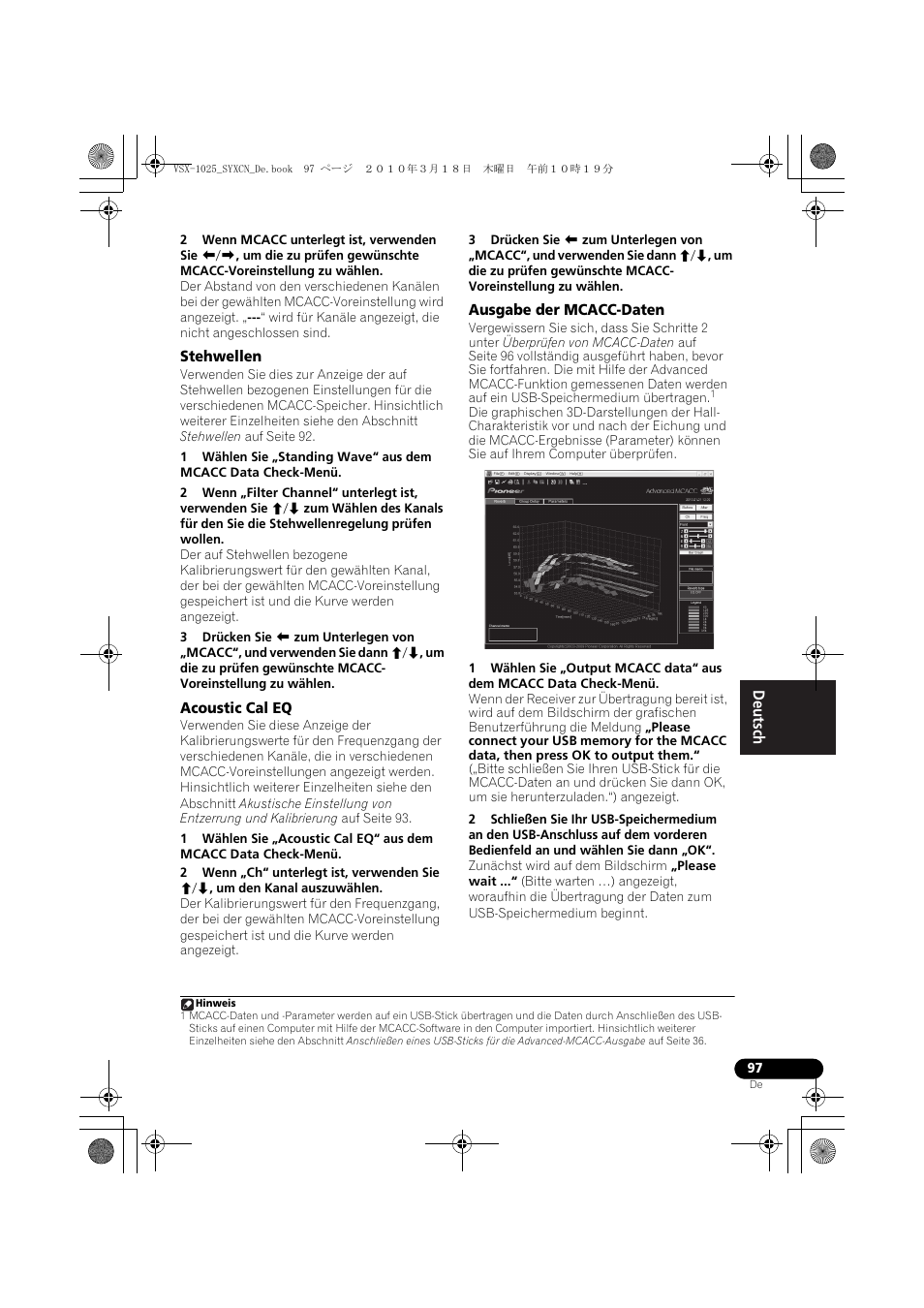 Stehwellen, Acoustic cal eq, Ausgabe der mcacc-daten | Pioneer VSX-1020-K User Manual | Page 229 / 532