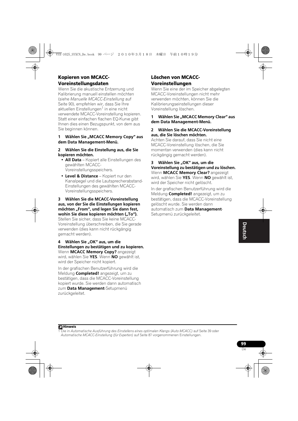 Kopieren von mcacc- voreinstellungsdaten, Löschen von mcacc- voreinstellungen, Kopieren von mcacc-voreinstellungsdaten | Löschen von mcacc-voreinstellungen | Pioneer VSX-1020-K User Manual | Page 231 / 532