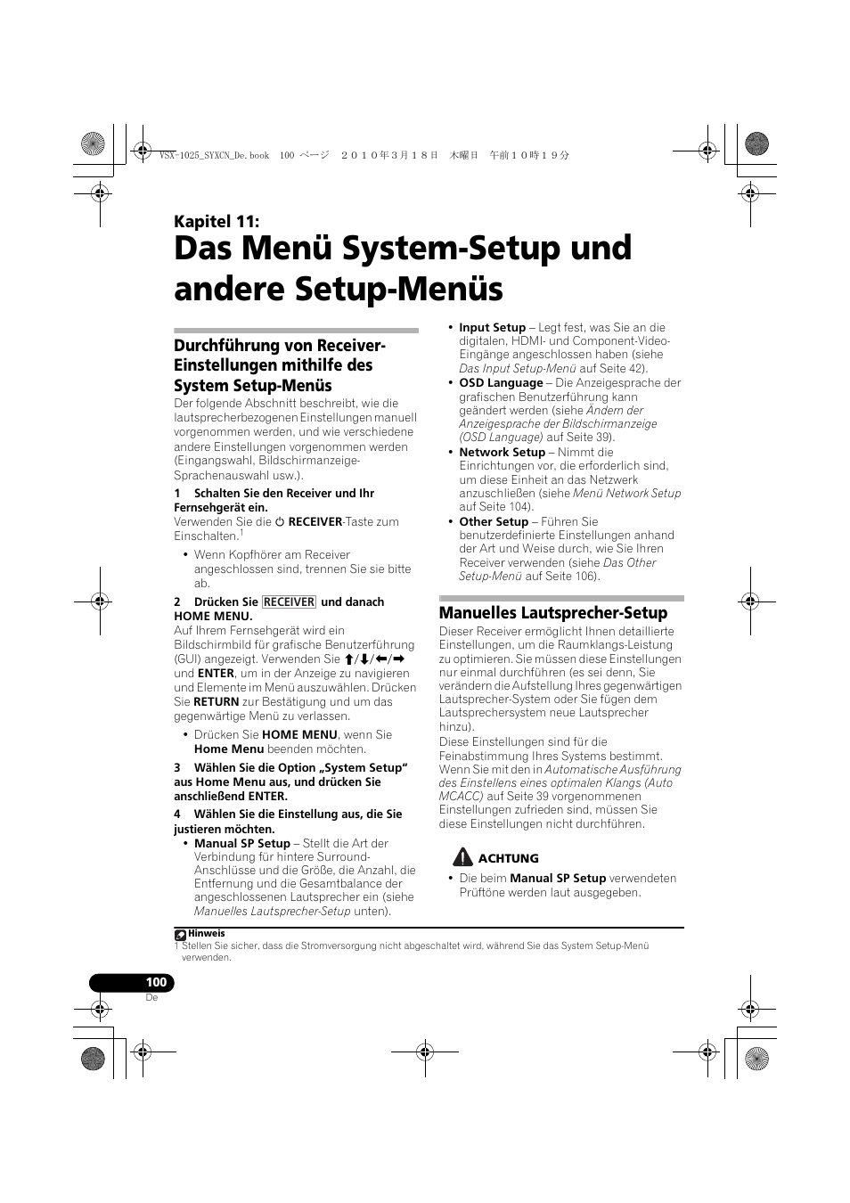 Das menü system-setup und andere setup-menüs, 2 drücken sie und danach home menu, Manuelles lautsprecher-setup | Achtung, 11 das menü system-setup und andere setup-menüs, Kapitel 11 | Pioneer VSX-1020-K User Manual | Page 232 / 532