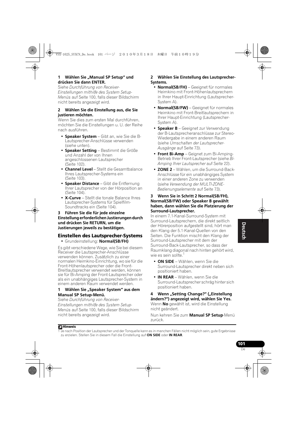 Einstellen des lautsprecher-systems, 2 wählen sie einstellung des lautsprecher- systems | Pioneer VSX-1020-K User Manual | Page 233 / 532