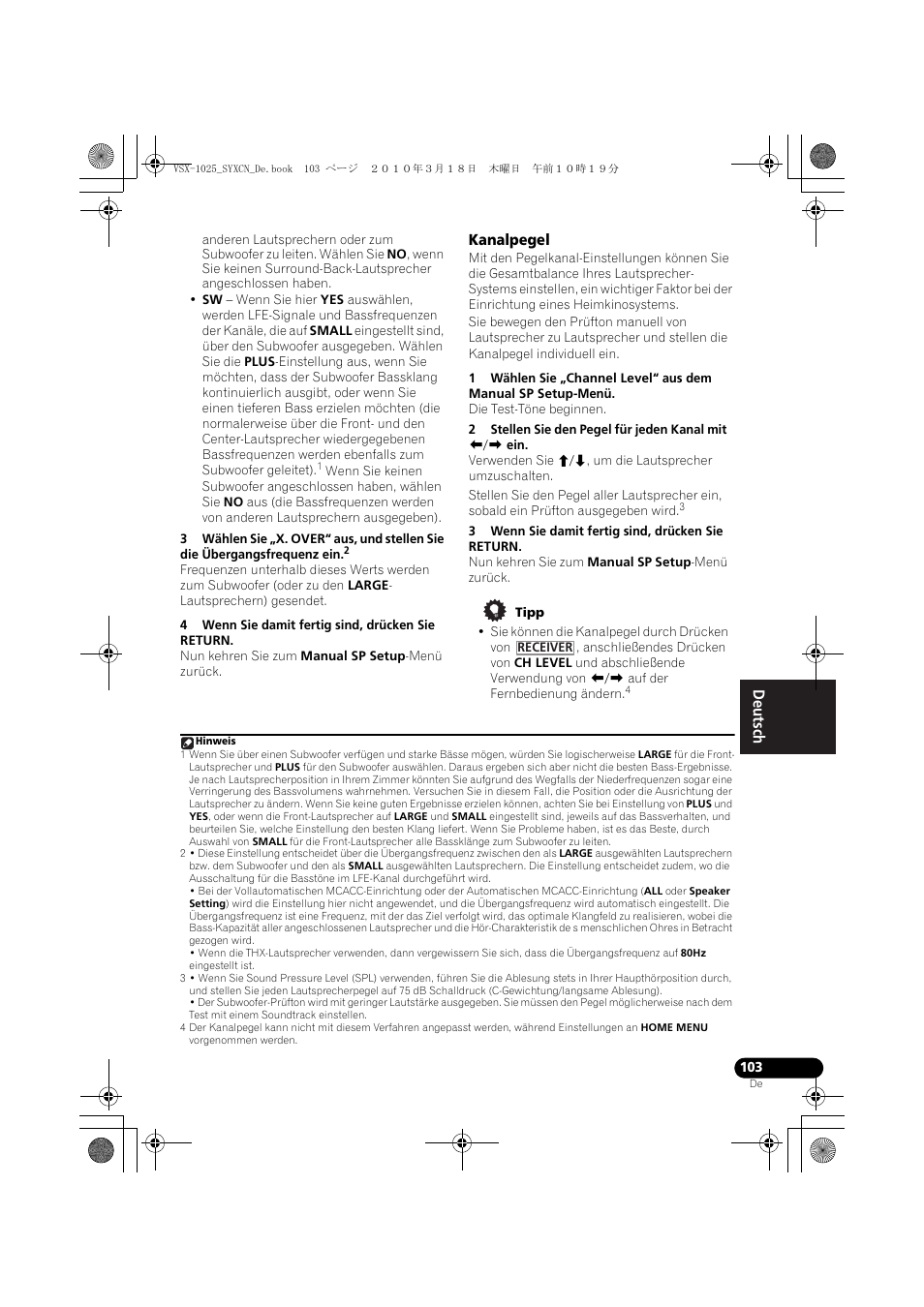 4 wenn sie damit fertig sind, drücken sie return, Kanalpegel, 3 wenn sie damit fertig sind, drücken sie return | Tipp | Pioneer VSX-1020-K User Manual | Page 235 / 532