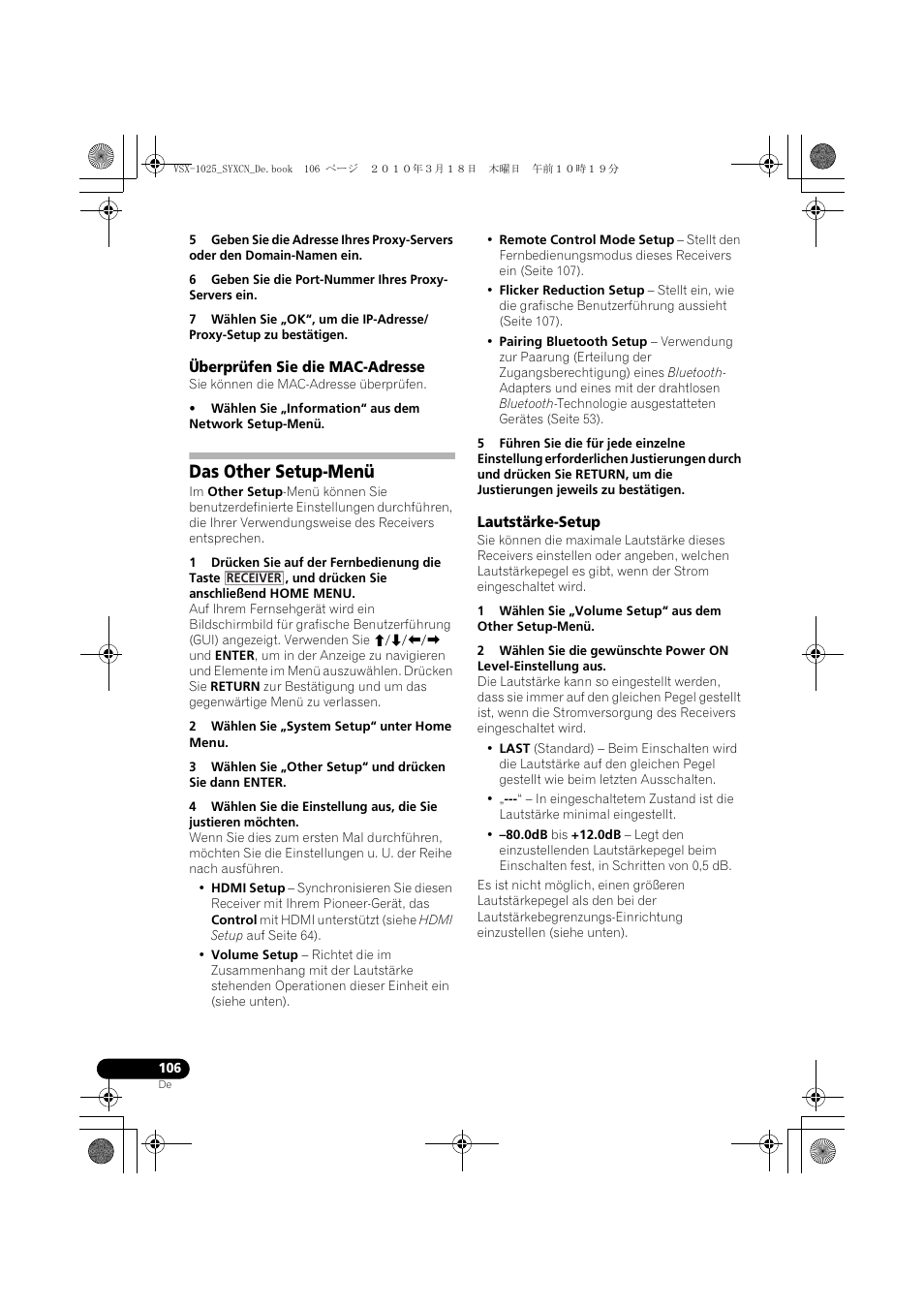 Überprüfen sie die mac-adresse, Das other setup-menü, 2 wählen sie „system setup“ unter home menu | Lautstärke-setup | Pioneer VSX-1020-K User Manual | Page 238 / 532