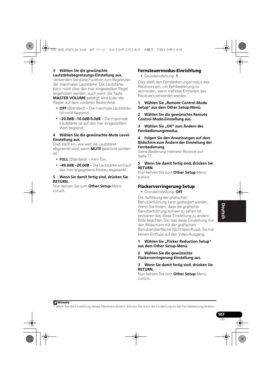 5 wenn sie damit fertig sind, drücken sie return, Fernsteuermodus-einrichtung, Flackerverringerung-setup | 3 wenn sie damit fertig sind, drücken sie return | Pioneer VSX-1020-K User Manual | Page 239 / 532