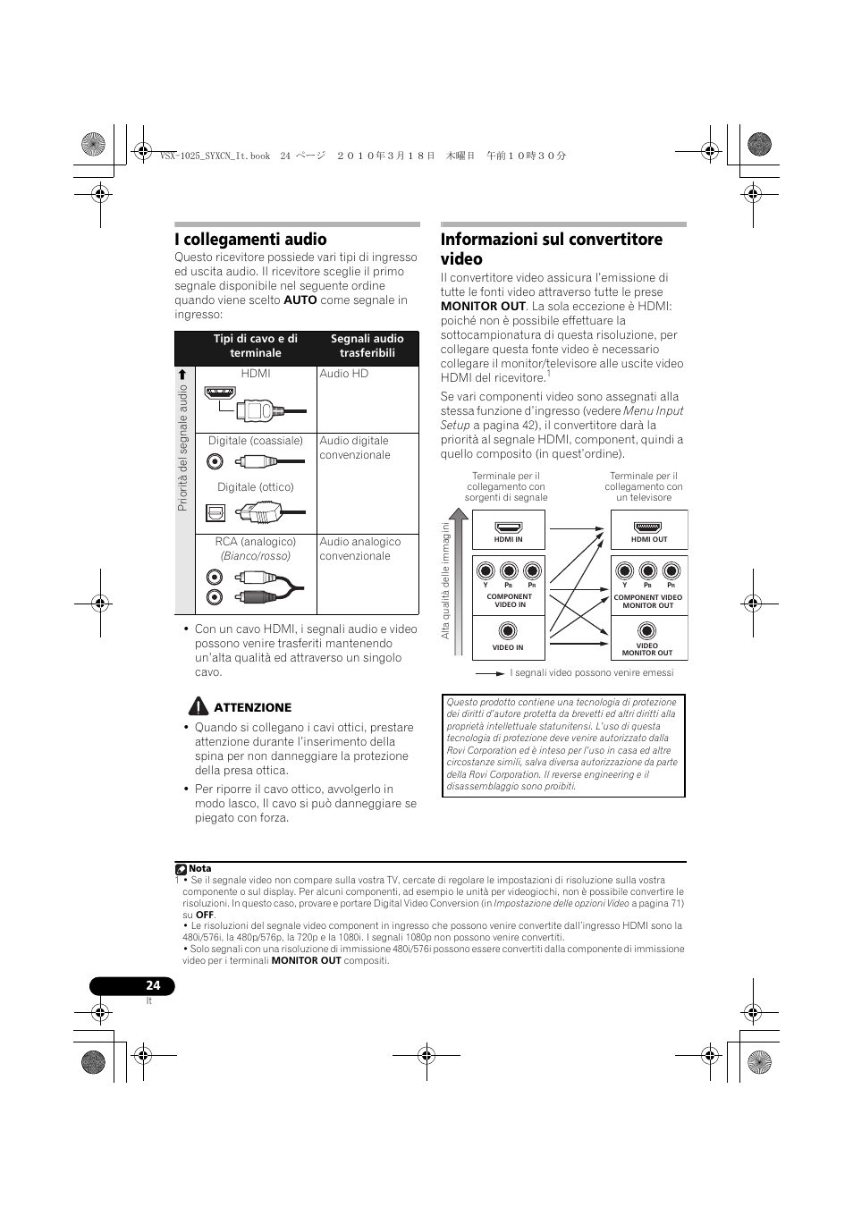 I collegamenti audio, Hdmi, Audio hd | Digitale (coassiale), Audio digitale convenzionale, Digitale (ottico), Rca (analogico), Bianco/rosso), Audio analogico convenzionale, Attenzione | Pioneer VSX-1020-K User Manual | Page 24 / 532