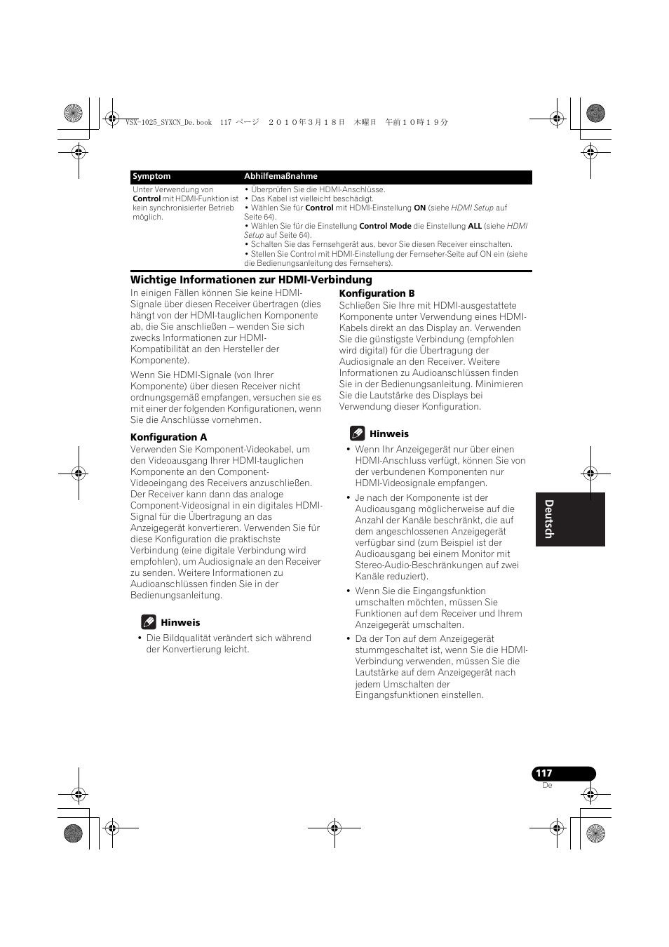 Wichtige informationen zur hdmi-verbindung, Konfiguration a, Hinweis | Konfiguration b | Pioneer VSX-1020-K User Manual | Page 249 / 532