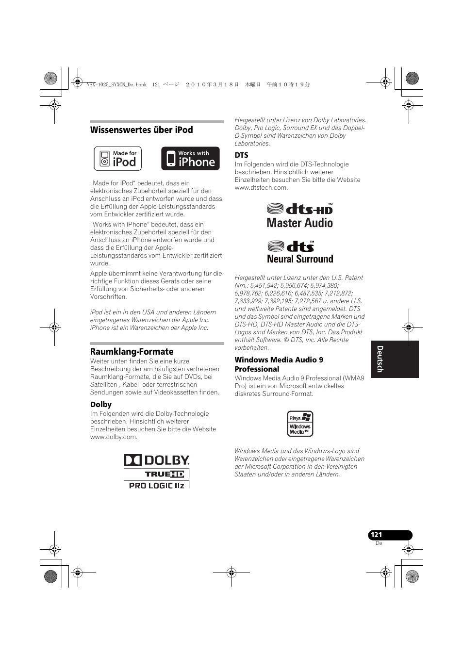 Wissenswertes über ipod, Raumklang-formate, Dolby | Windows media audio 9 professional | Pioneer VSX-1020-K User Manual | Page 253 / 532