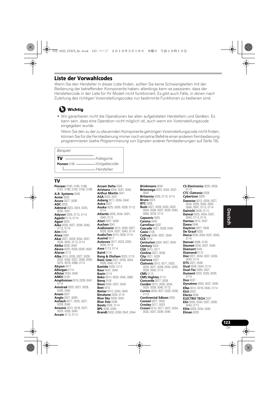Liste der vorwahlcodes, Wichtig | Pioneer VSX-1020-K User Manual | Page 255 / 532