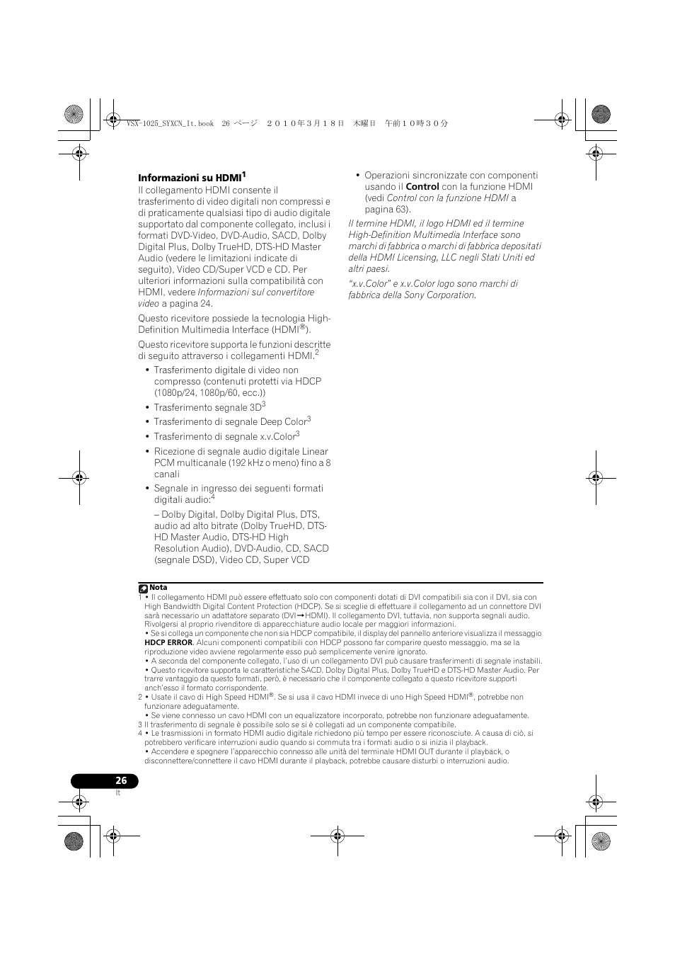 Informazioni su hdmi | Pioneer VSX-1020-K User Manual | Page 26 / 532