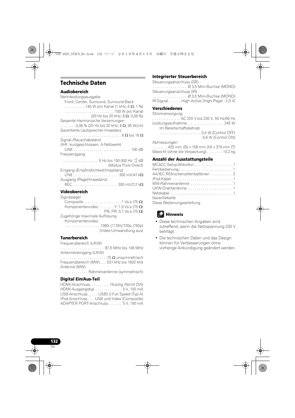 Technische daten | Pioneer VSX-1020-K User Manual | Page 264 / 532