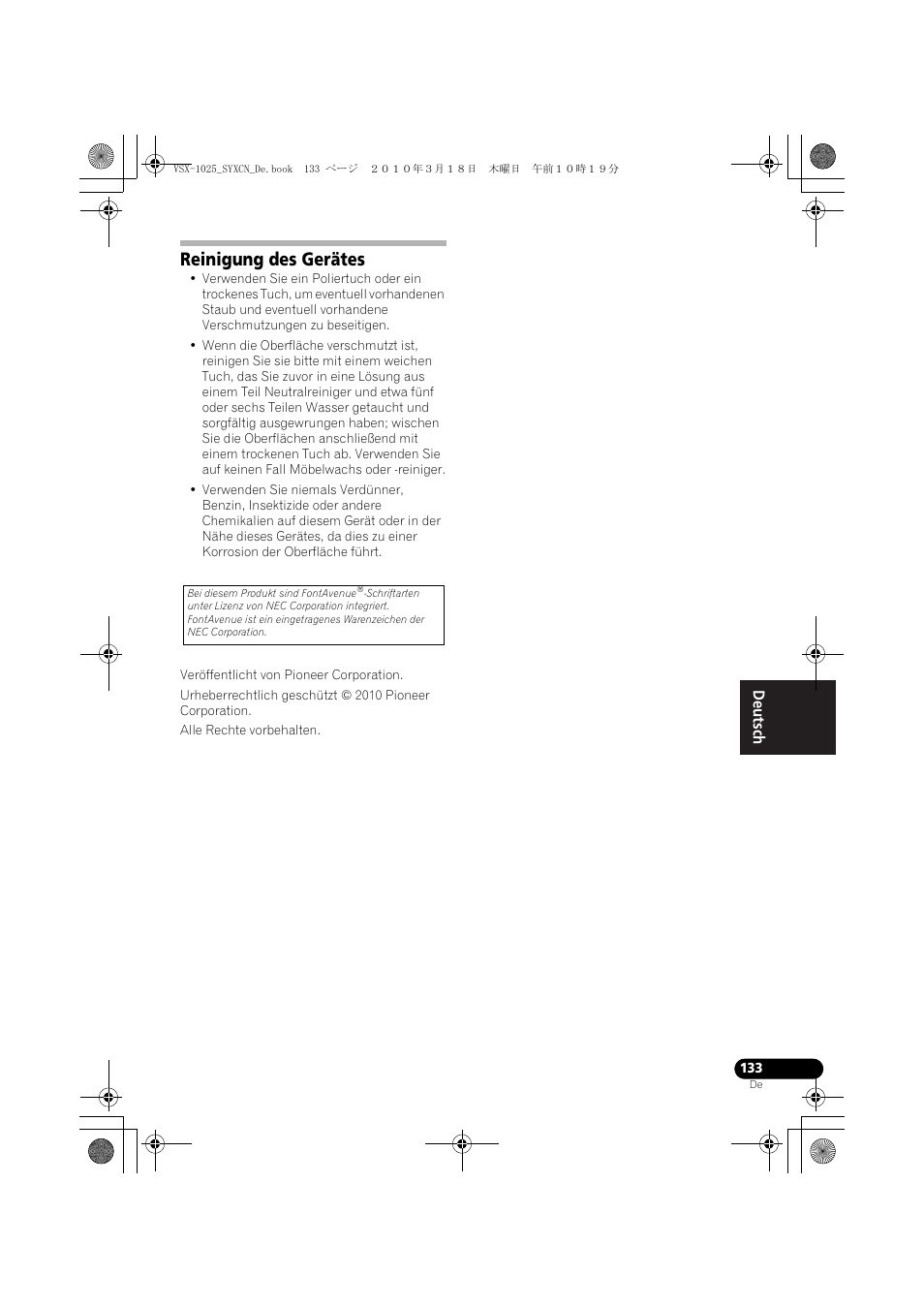 Reinigung des gerätes | Pioneer VSX-1020-K User Manual | Page 265 / 532