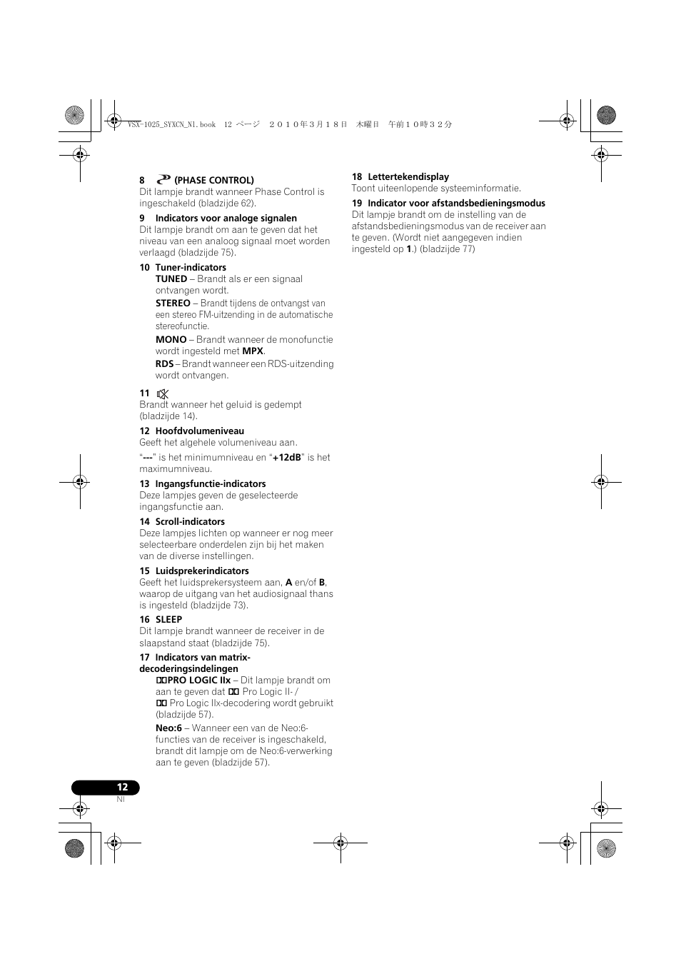 8 (phase control), 9 indicators voor analoge signalen, 10 tuner-indicators | 12 hoofdvolumeniveau, 13 ingangsfunctie-indicators, 14 scroll-indicators, 15 luidsprekerindicators, 16 sleep, 17 indicators van matrix- decoderingsindelingen, 18 lettertekendisplay | Pioneer VSX-1020-K User Manual | Page 276 / 532