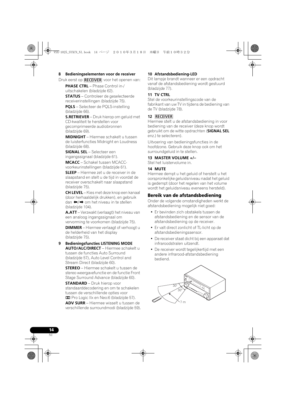 8 bedieningselementen voor de receiver, 9 bedieningsfuncties listening mode, 10 afstandsbediening-led | 11 tv ctrl, 13 master volume, 14 mute, Bereik van de afstandsbediening | Pioneer VSX-1020-K User Manual | Page 278 / 532