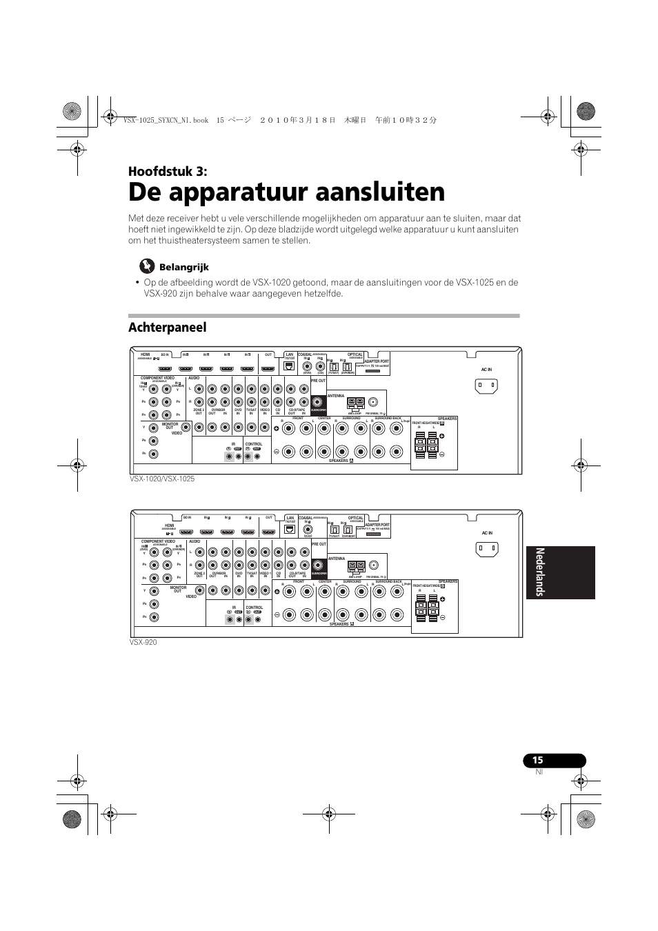 De apparatuur aansluiten, Belangrijk, Achterpaneel | 03 de apparatuur aansluiten, Hoofdstuk 3 | Pioneer VSX-1020-K User Manual | Page 279 / 532