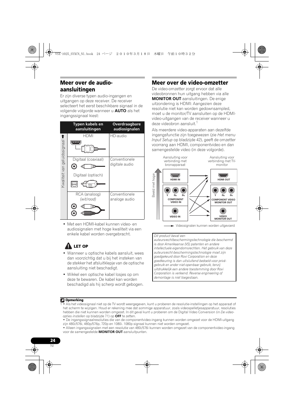 Meer over de audio- aansluitingen, Hdmi, Hd-audio | Digitaal (coaxiaal), Conventionele digitale audio, Digitaal (optisch), Rca (analoog), Wit/rood), Conventionele analoge audio, Let op | Pioneer VSX-1020-K User Manual | Page 288 / 532