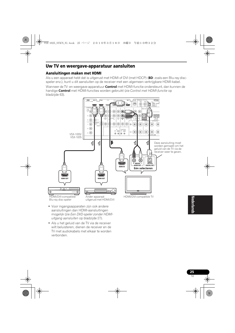 Uw tv en weergave-apparatuur aansluiten, Aansluitingen maken met hdmi | Pioneer VSX-1020-K User Manual | Page 289 / 532