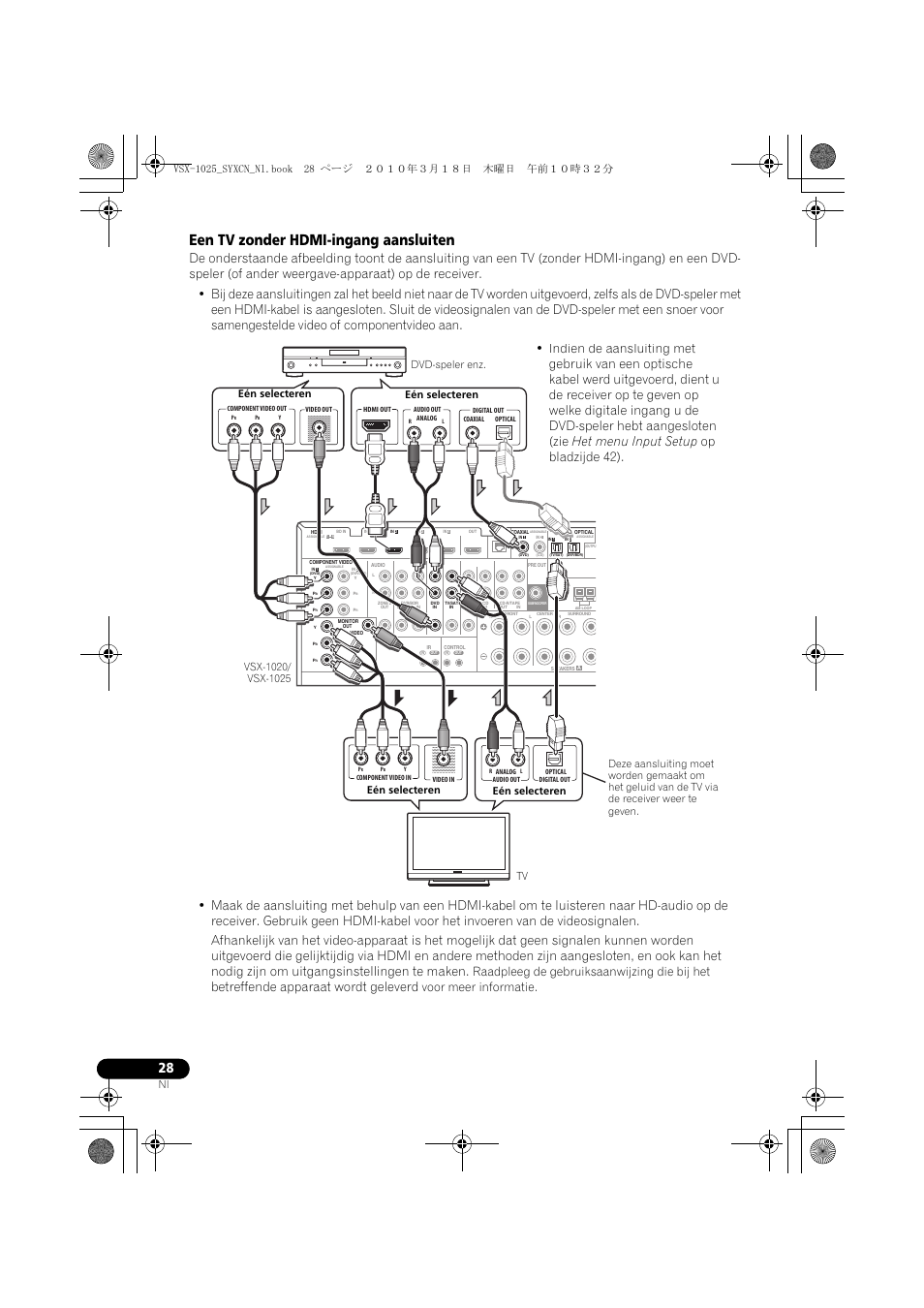 Een tv zonder hdmi-ingang aansluiten, Betreffende apparaat wordt geleverd, Raadpleeg de gebruiksaanwijzing die bij het | Voor meer informatie | Pioneer VSX-1020-K User Manual | Page 292 / 532