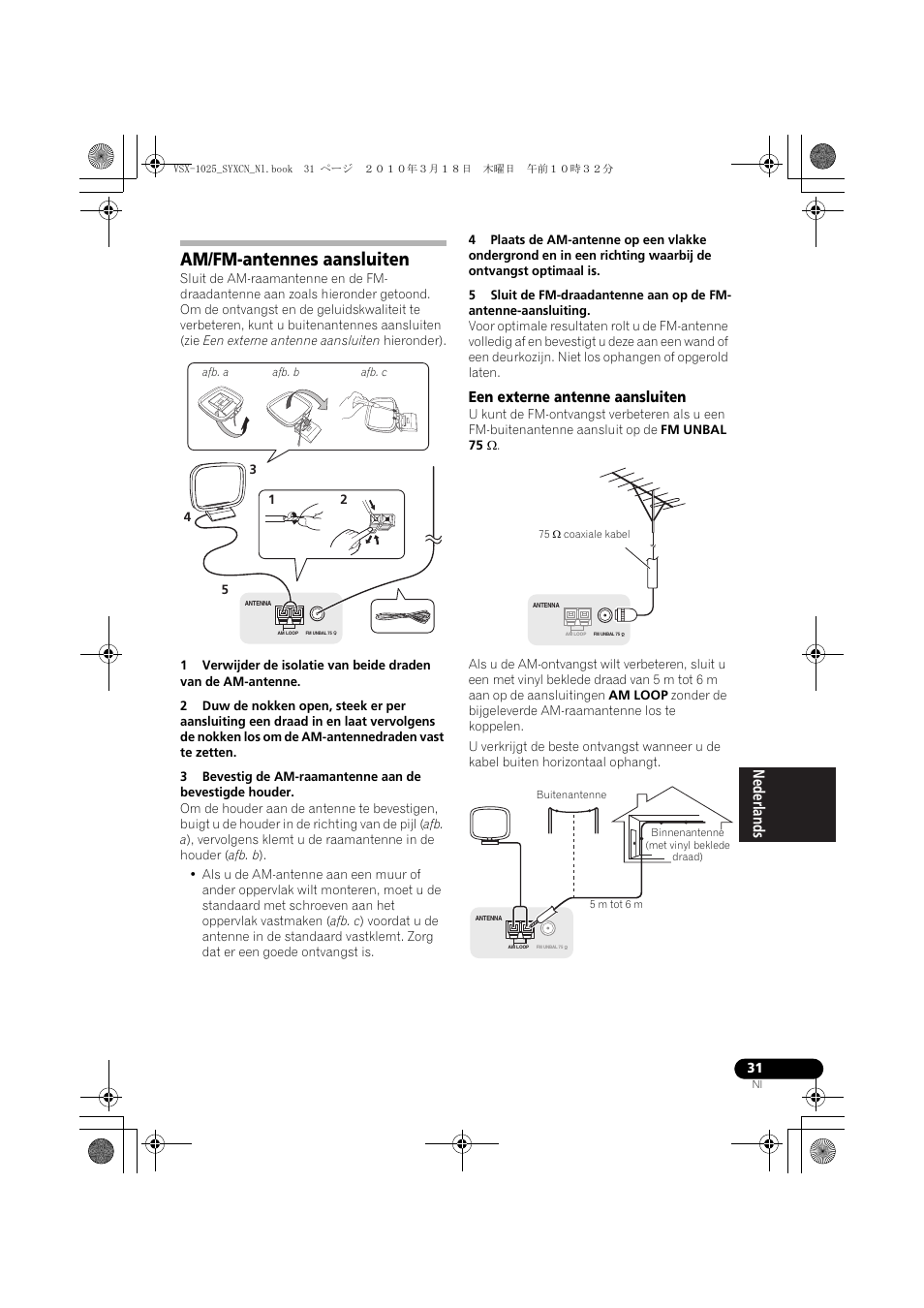 Am/fm-antennes aansluiten, Een externe antenne aansluiten, Buitenantenne | Pioneer VSX-1020-K User Manual | Page 295 / 532