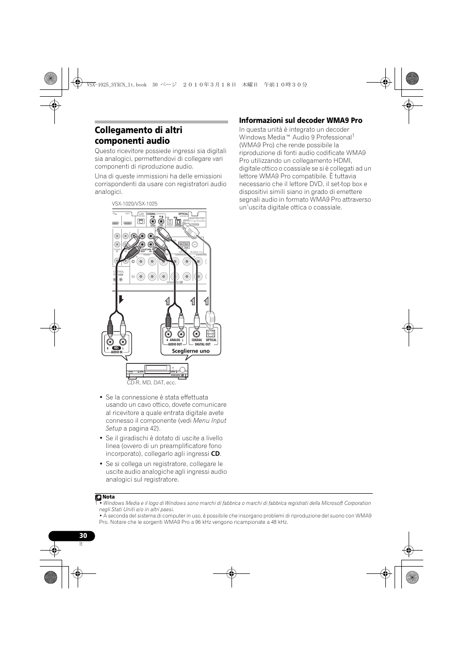 Collegamento di altri componenti audio, Informazioni sul decoder wma9 pro | Pioneer VSX-1020-K User Manual | Page 30 / 532