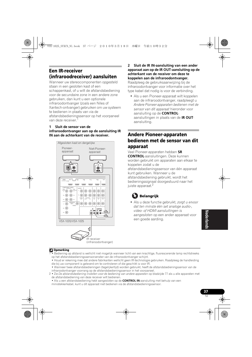 Een ir-receiver (infraroodreceiver) aansluiten, Belangrijk | Pioneer VSX-1020-K User Manual | Page 301 / 532