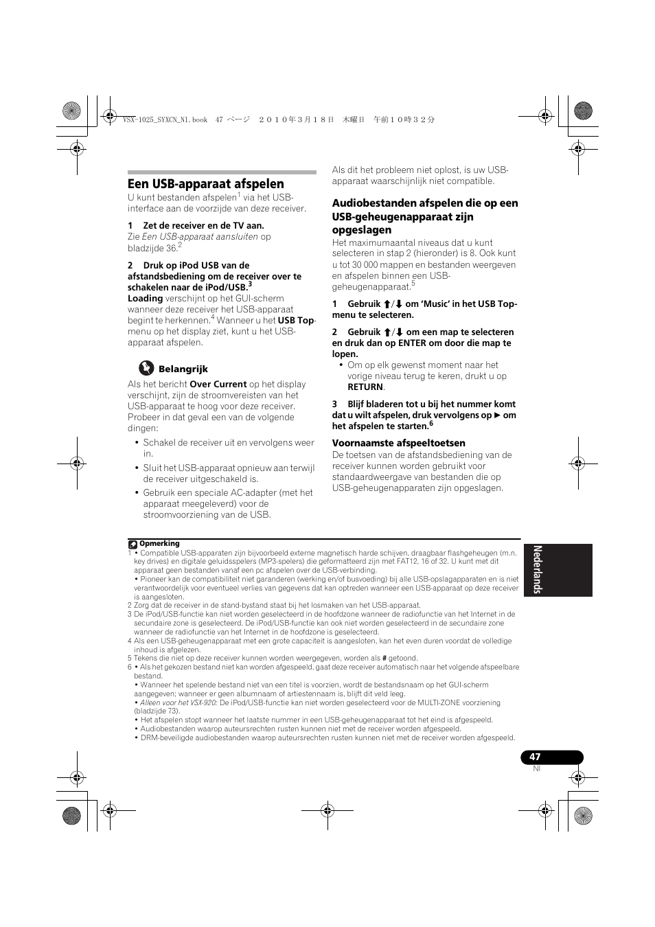 Een usb-apparaat afspelen, 1 zet de receiver en de tv aan, Belangrijk | Voornaamste afspeeltoetsen | Pioneer VSX-1020-K User Manual | Page 311 / 532