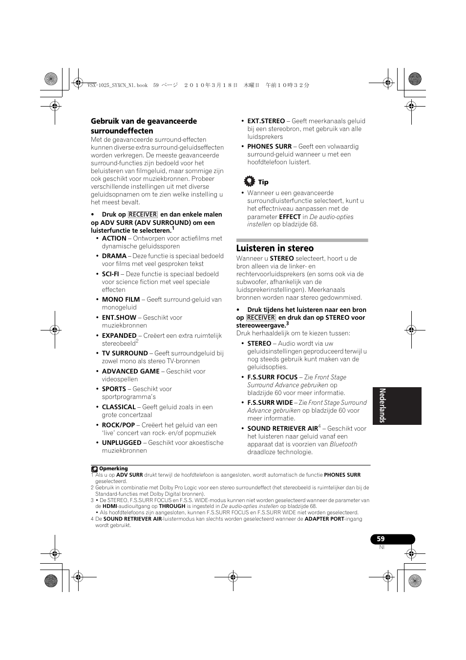 Gebruik van de geavanceerde surroundeffecten, Luisteren in stereo | Pioneer VSX-1020-K User Manual | Page 323 / 532