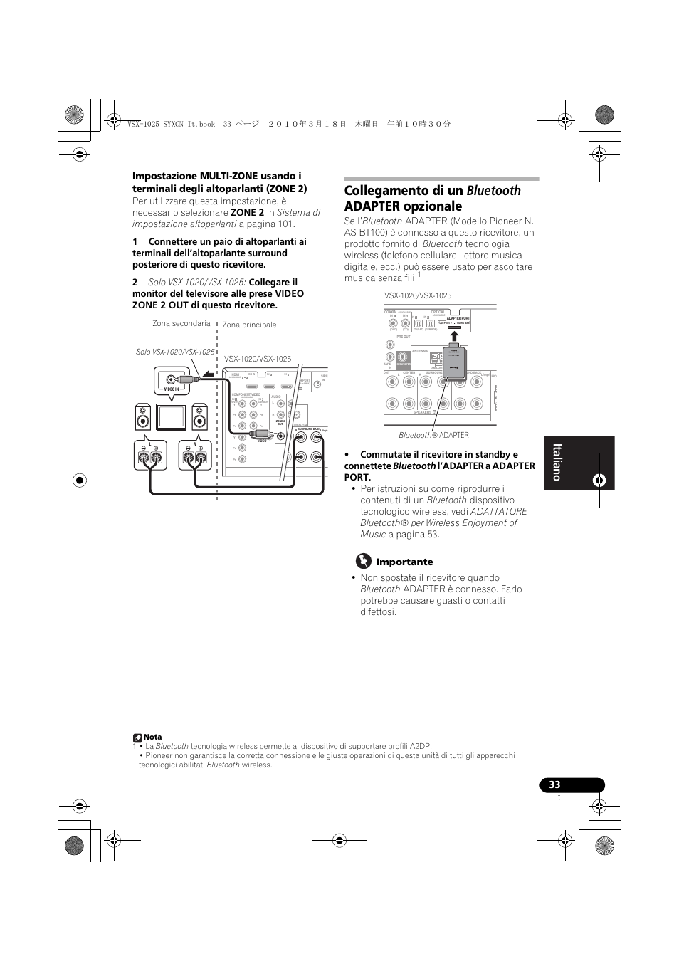 Collegamento di un bluetooth adapter opzionale, Importante | Pioneer VSX-1020-K User Manual | Page 33 / 532