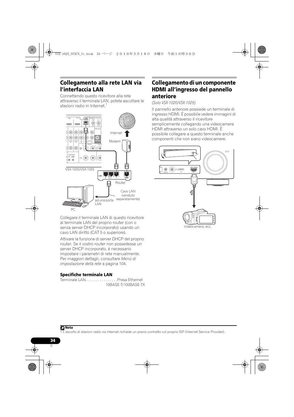 Collegamento alla rete lan via l’interfaccia lan, Cavo lan, Venduto separatamente) | Specifiche terminale lan, Solo vsx-1020/vsx-1025) | Pioneer VSX-1020-K User Manual | Page 34 / 532