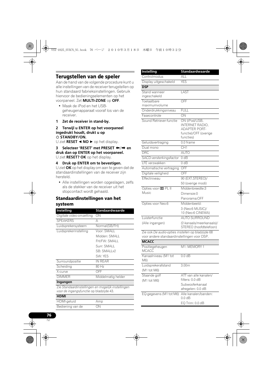 Terugstellen van de speler, 1 zet de receiver in stand-by, 4 druk op enter om te bevestigen | Standaardinstellingen van het systeem | Pioneer VSX-1020-K User Manual | Page 340 / 532