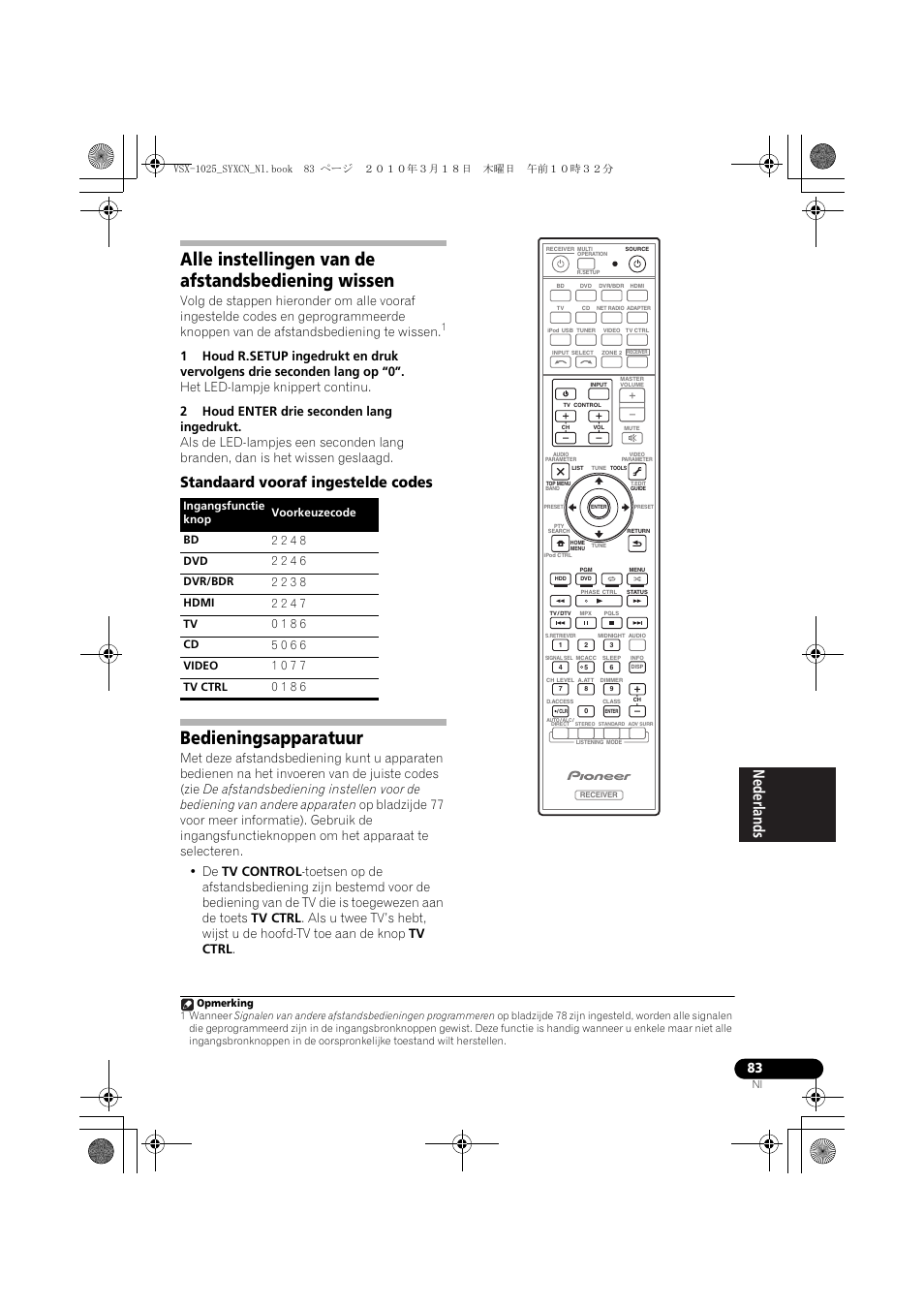 Alle instellingen van de afstandsbediening wissen, 2 houd enter drie seconden lang ingedrukt, Standaard vooraf ingestelde codes | Bedieningsapparatuur | Pioneer VSX-1020-K User Manual | Page 347 / 532