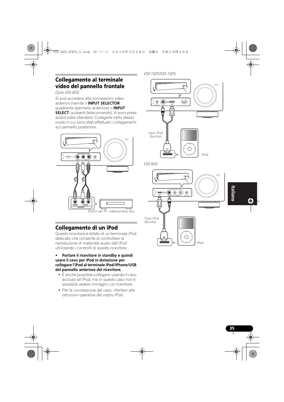 Solo vsx-920), Collegamento di un ipod, Vsx-1020/vsx-1025 | Ipod, Vsx-920, Giochi per tv, videocamera, ecc, Ipod cavo ipod (fornito) | Pioneer VSX-1020-K User Manual | Page 35 / 532