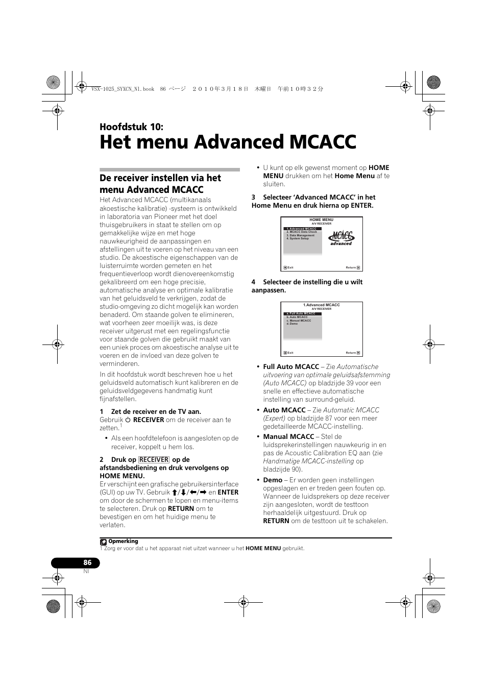 Het menu advanced mcacc, De receiver instellen via het menu advanced mcacc, 1 zet de receiver en de tv aan | 4 selecteer de instelling die u wilt aanpassen, 10 het menu advanced mcacc, Hoofdstuk 10 | Pioneer VSX-1020-K User Manual | Page 350 / 532