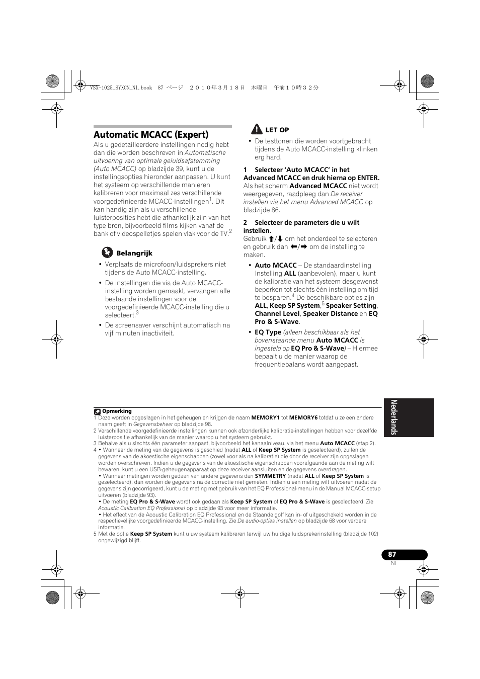 Automatic mcacc (expert), Belangrijk, Let op | 2 selecteer de parameters die u wilt instellen | Pioneer VSX-1020-K User Manual | Page 351 / 532